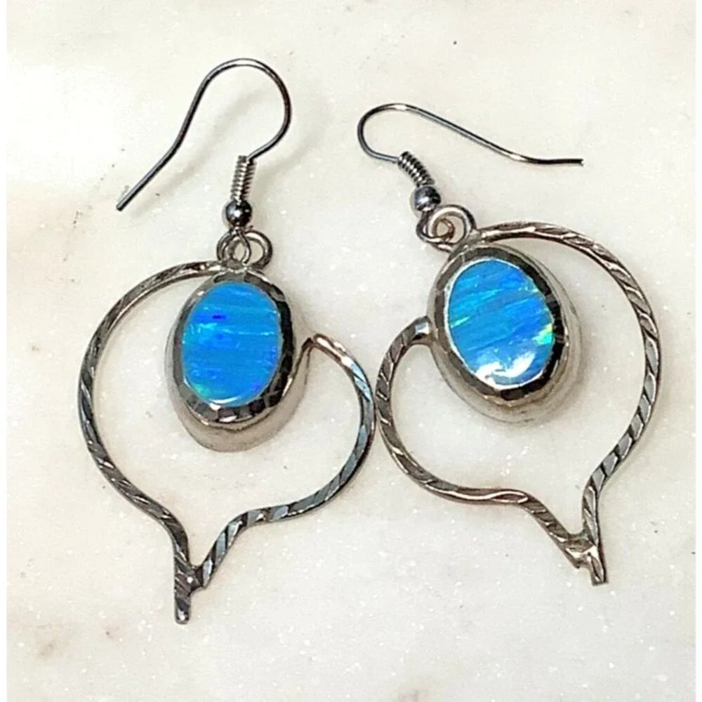 Vintage Earrings Mexico Sterling Silver Lab Blue Fire Opal 925 Dangle MCM Signed